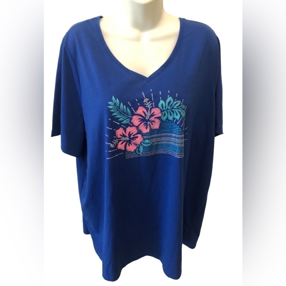 Catherines V Neck Royal Blue SS Tee Shirt Top Sz. 1X/18/20W Embellished Floral
